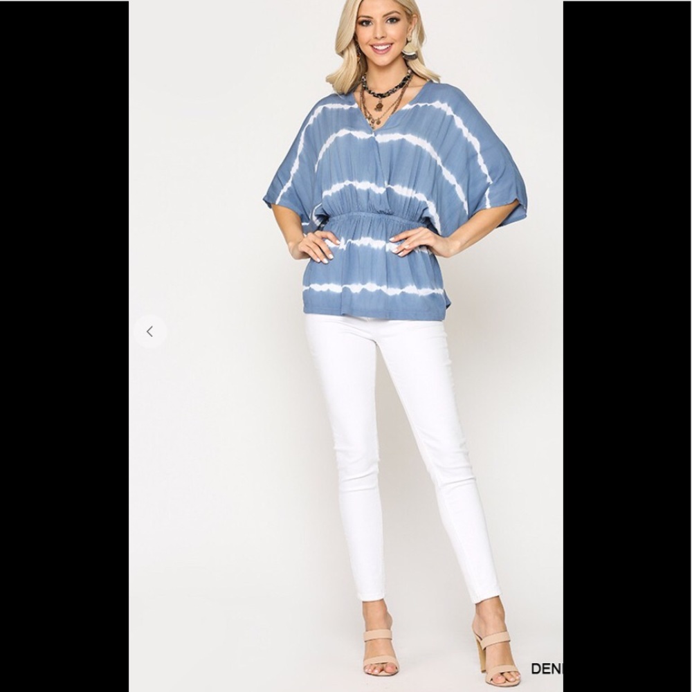 Tie dye Surplice Peplum hem fashion top.